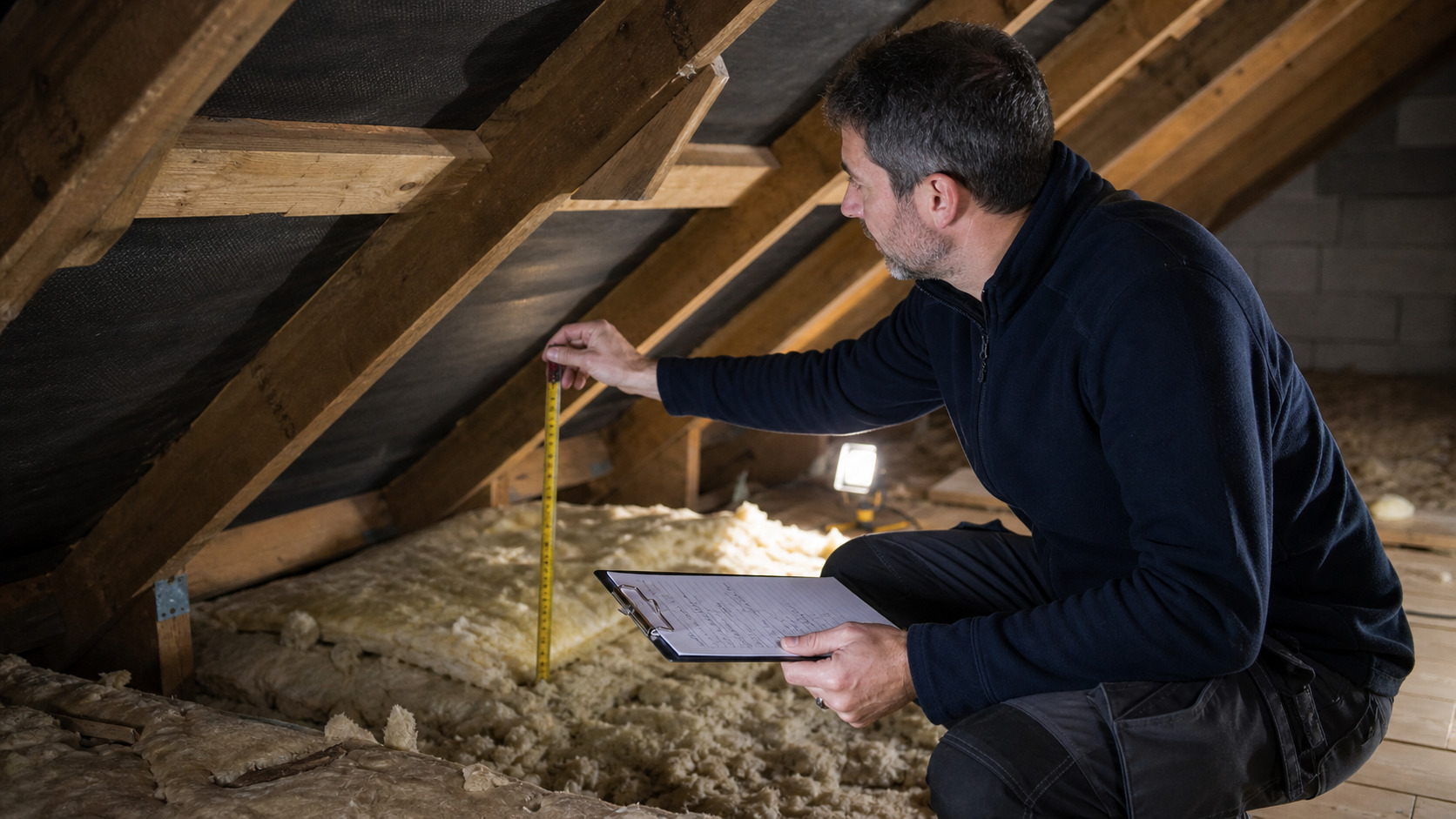 Artisan inspectant des combles avant un devis d'isolation