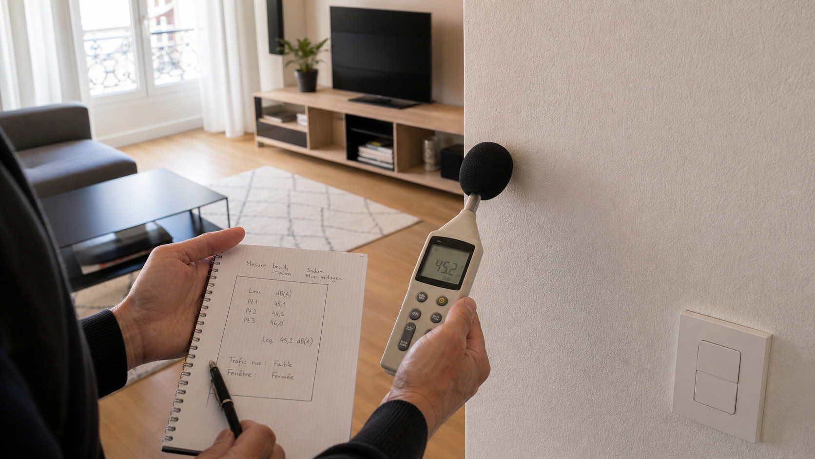 Mesure de bruit réalisée près d'un mur mitoyen dans un logement