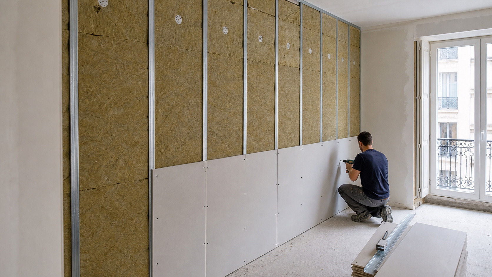 Doublage acoustique posé sur un mur séparatif d'appartement