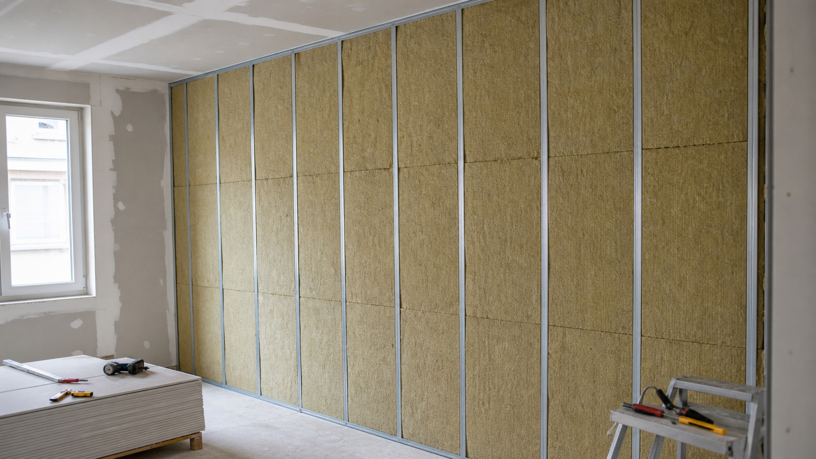 Panneaux isolants posés sur un mur intérieur avant finition