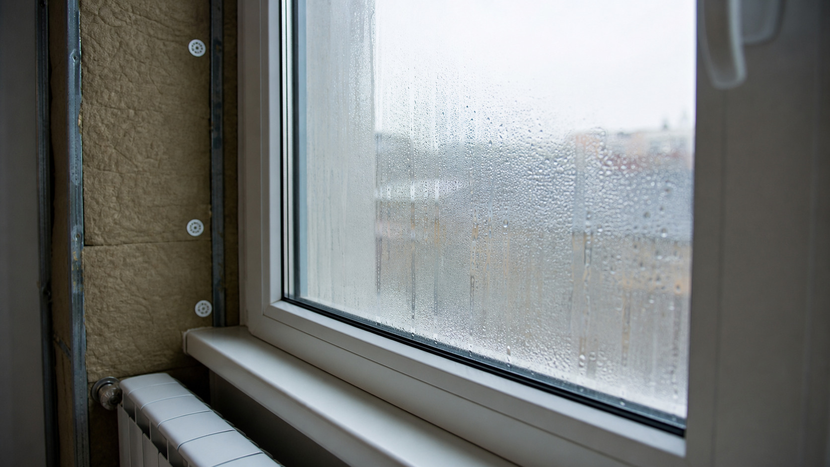 Condensation visible sur une fenêtre après travaux d'isolation
